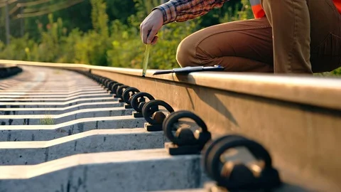 Railway engineer measures each section of the route Stock Footage 98456456