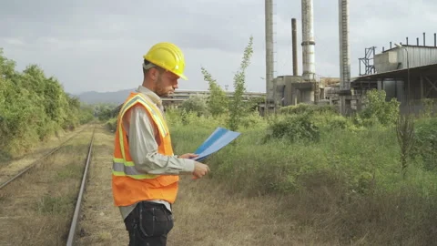 Railway Engineer on rails, holding documentation Stock Footage 159749181