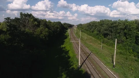 Railway in the forest, power lines Video stock 96443841
