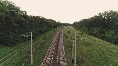 Railway in the forest, power lines Stock Footage 96445514