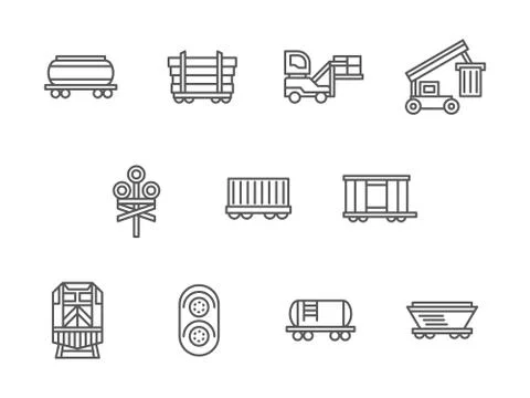 Railway freight black line vector icons set Stock Illustration