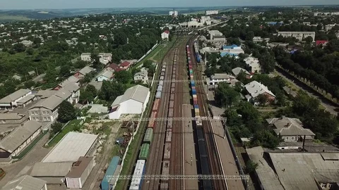 Railway freight train view from a drone Stock Footage 122592433