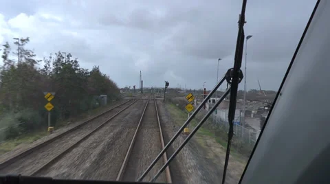 Railway front view driving train Stock Footage 34498648