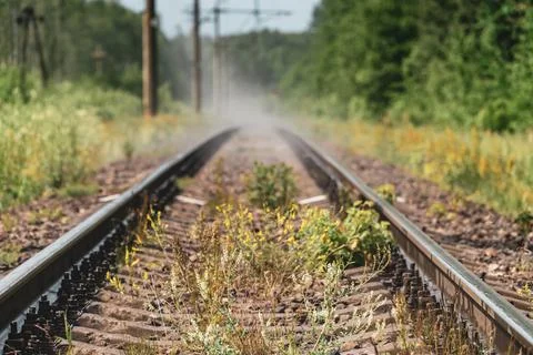 The railway going to where the unknown is. Background blur. Philosophical con Foto stock