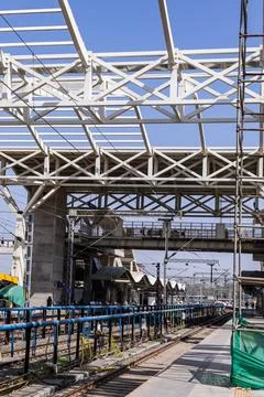 Railway infrastructure development featuring roof framework and support syste Stock Photos