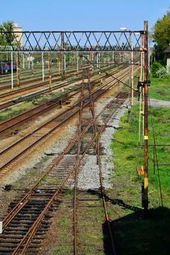 Railway infrastructure, rails, power supply, signaling. Summer. Day. Stock Photos