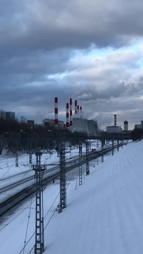 Railway interchange winter landscape with pipes Stock Footage 170246924