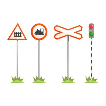 Railway intersection signs, different traffic signs for a railroad crossing Stock Illustration