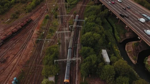 Railway Junction With Moving Train From Above Stock-Footage 334627893