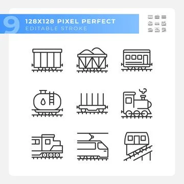 Railway logistics pixel perfect linear icons set Stock Illustration