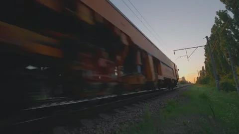 Railway Maintenance Train Passing Close Wide Angle Shot | Yellow Technical Rail Stock Footage 341161714