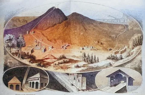 The railway on Mount Vesuvius in 1882 Italy Historical digitally restored Stock Illustration