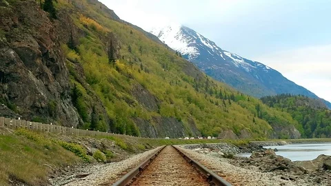Railway in mountain. cloudy day. Anchorage, Alaska  Vídeo Stock 74396482