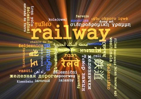 Railway multilanguage wordcloud background concept glowing Illustrazione stock