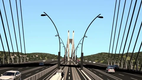  Railway passenger train that moves parallel to the highway bridge. Stock-Footage 144369810