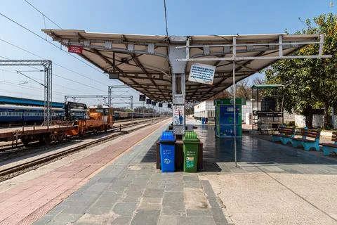 Railway platform is empty during lock down in delhi. Stock Photos