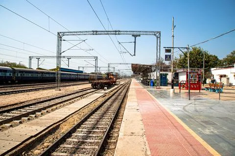 Railway platform is empty during lock down in delhi. Stock Photos