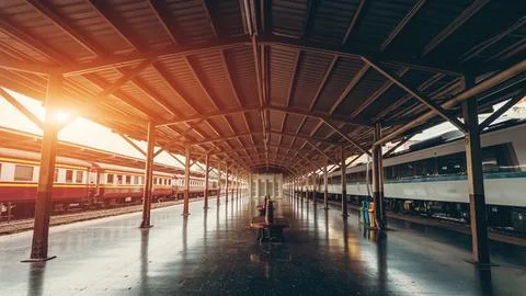 Railway platform with modern design at sunset, vibrant train station area Stock Photos
