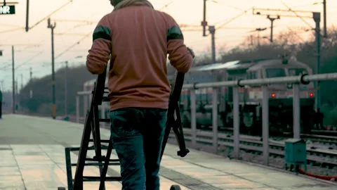 Railway Platform Worker Pulling Luggage Cart at Station in India Stock Footage 328653688