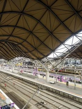 Railway platforms viewed from elevated vantage point Stock Photos