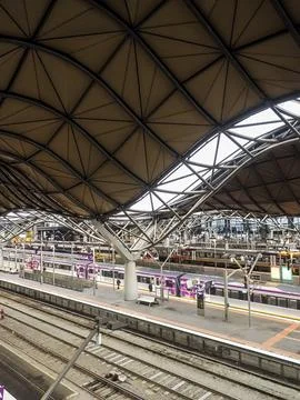 Railway platforms viewed from elevated vantage point Stock Photos