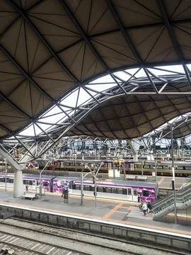 Railway platforms viewed from elevated vantage point Stock Photos