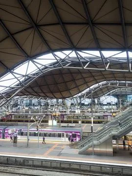 Railway platforms viewed from elevated vantage point Stock Photos