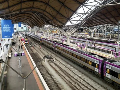 Railway platforms viewed from elevated vantage point Stock Photos