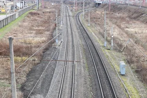 Railway rails texture industrial elements on a large pipe plant railroad a... Stock Photos