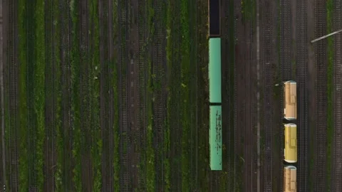 Railway rails view from the copter. Large sorting station. Yellow and green 스톡 동영상 134444865