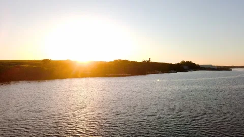 Railway river water intermodal port. Tiete river during sunset. Sao Paulo Stock Footage 129384931