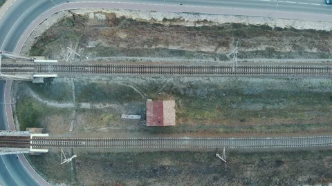 Railway road, top view. Two endless train lines, aerial view. Drone shot of Stock Footage 127303336