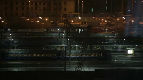 The railway station and elevated subway at night time Stock Footage 58137042