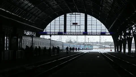 Railway station and train Stock Footage 11161996