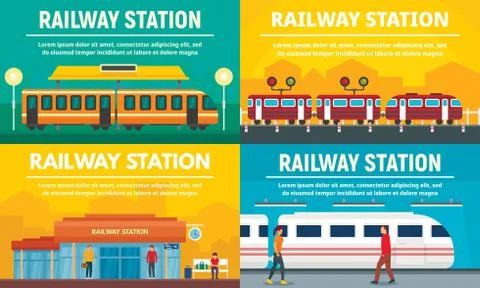 Railway station banner set, flat style 库存插图