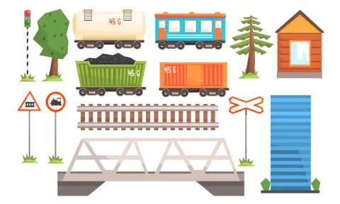 Railway Station Elements Set, Railway Passenger and Freight Transport, Road Stock Illustration