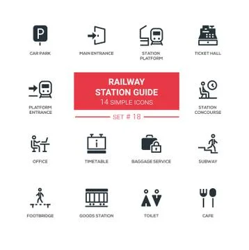 Railway station guide - modern simple icons, pictograms set Stock Illustration