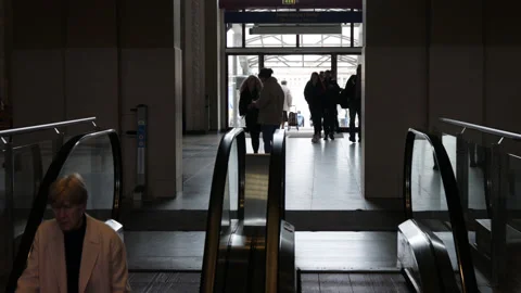 Railway station inside, passengers, escalator. Stock Footage 188844207