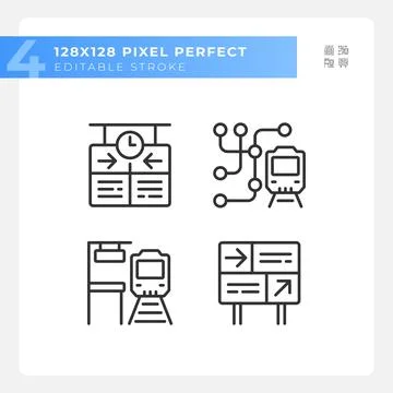 Railway station pixel perfect linear icons set Stock Illustration