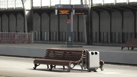 Railway station, platform, bench, train schedule Stock Footage 278395803