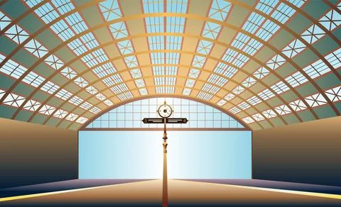 Railway station platform. Empty station interior. Passenger carriages tourism Illustrazione stock