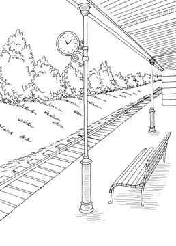 Railway station platform graphic train vertical sketch illustration vector Stock-Illustration
