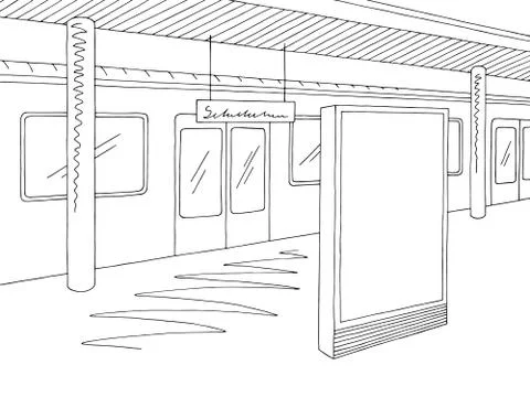 Railway station platform train billboard graphic black white sketch illustration Stock Illustration