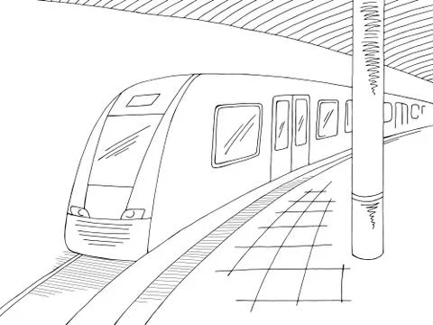 Railway station platform train graphic black white sketch illustration vector  Stock Illustration