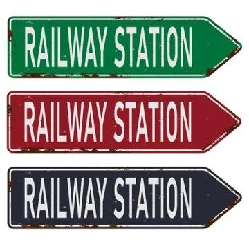 Railway station train metal vector road sign Stock Illustration