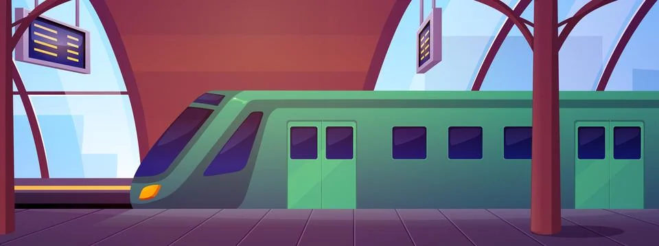 Railway station, vector flat empty subway station interior with metro train and Stock Illustration