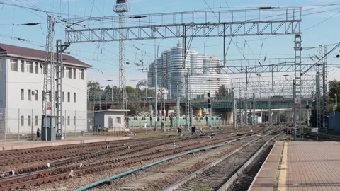 Railway station. View from the platform of the railway tracks. Stock Footage 221298025
