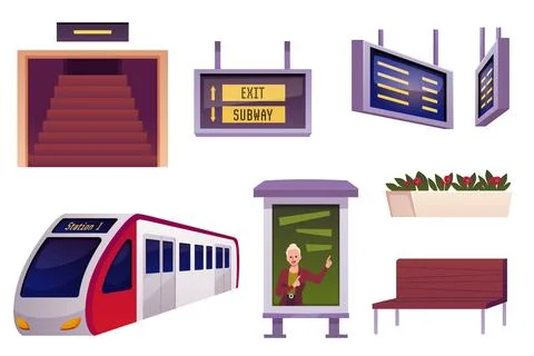 Railway subway station interior elements vector set, metro train, stairway Stock Illustration