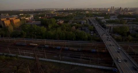 The railway at sunset. Running train. Stock Footage 90692436