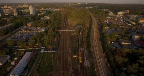 The railway at sunset. Running train. Stock Footage 90702089